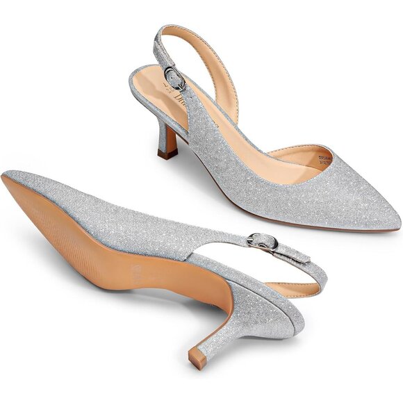 Dream Pairs Women Silver Faux Suede Pointed Toe Slingback Low Kitten Heels - Picture 3 of 7